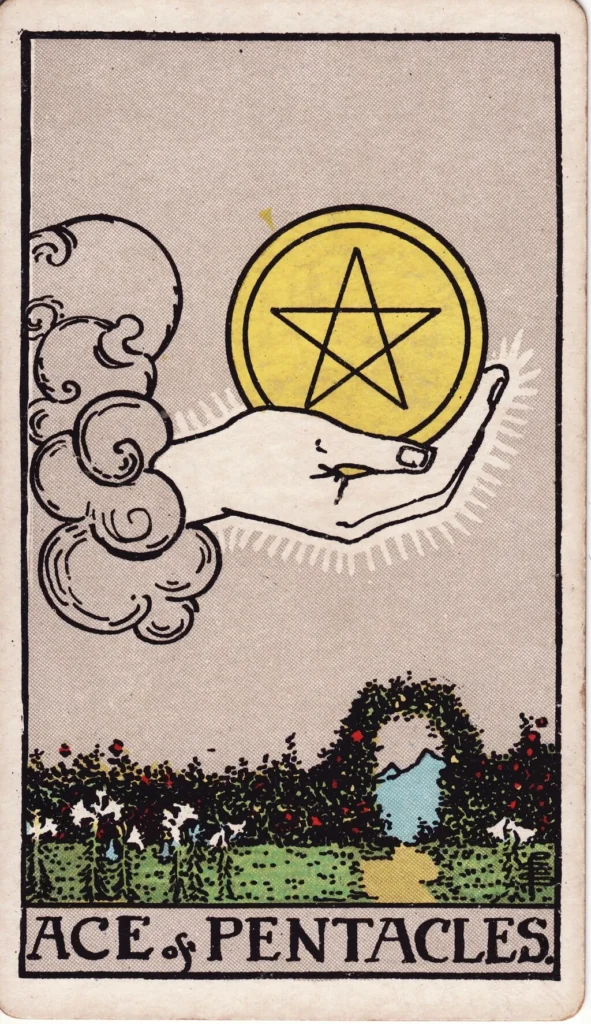 RWS Ace of Pentacles - large hand appearing from a cloud holding a coin in a garden