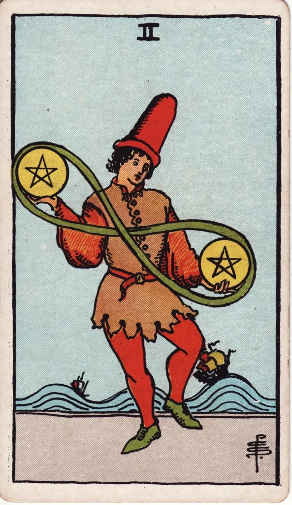RWS 2 of Pentacles Man juggling coins