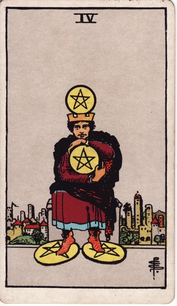 RWS 4 of Pentacles man holding onto his coins very tightly