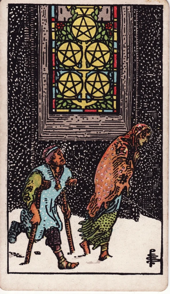 RWS 5 of Pentacles two figures outside in the snow poor and shut out of the rich church