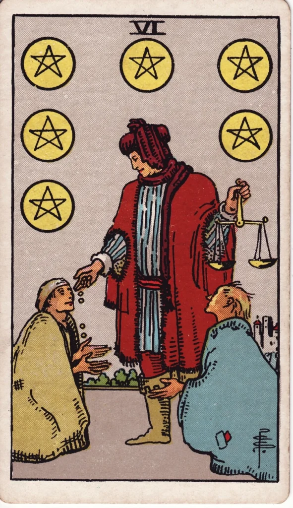 RWS 6 of Pentacles man giving coins to poor people