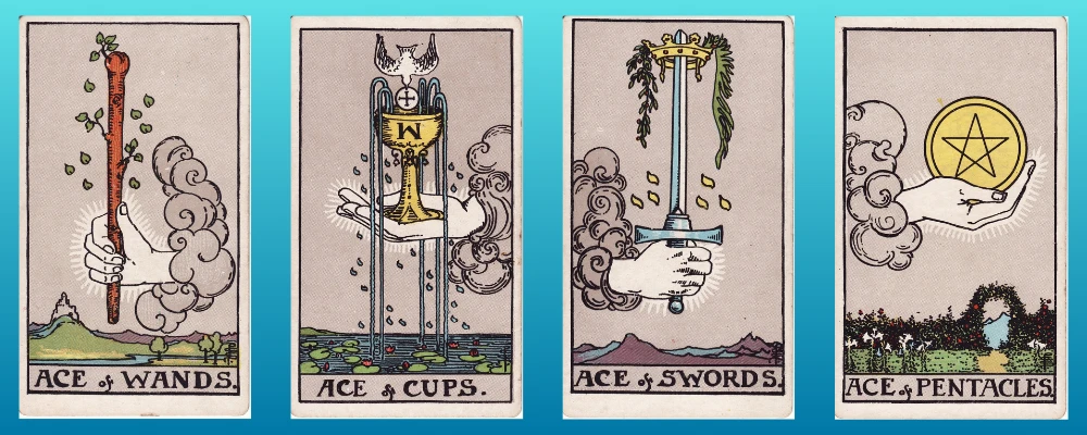 The Ace pip cards in a row - Ace of Wands, Cups, Swords and Pentacles to help show the numerology