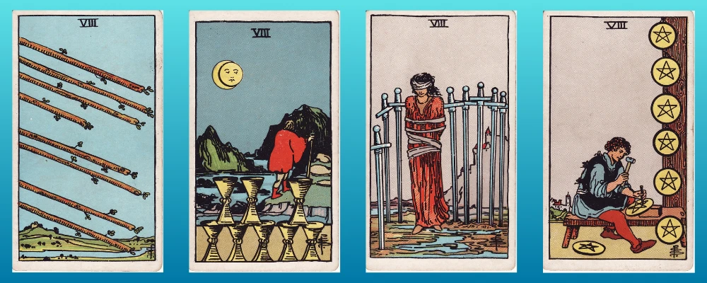 Pip Cards Eights of Wands, Cups, Swords and Pentacles
