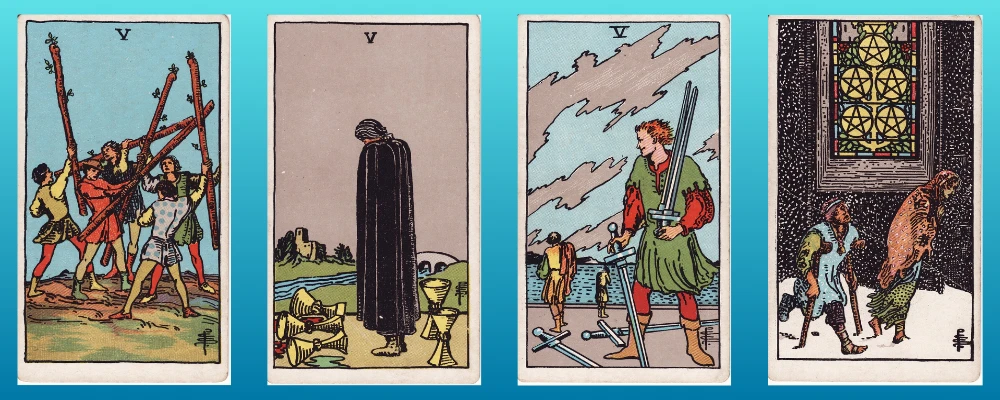 Pip Cards Fives of Wands, Cups, Swords and Pentacles