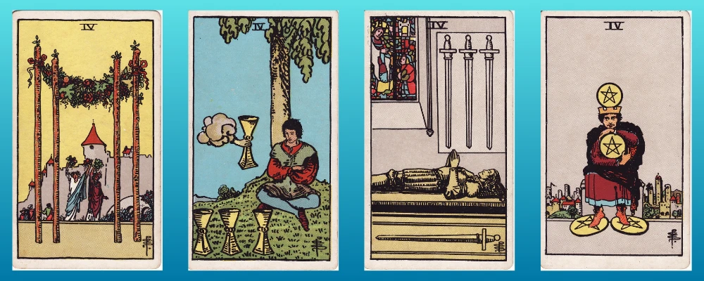 Pip Cards Four of Wands, Cups, Swords and Pentacles