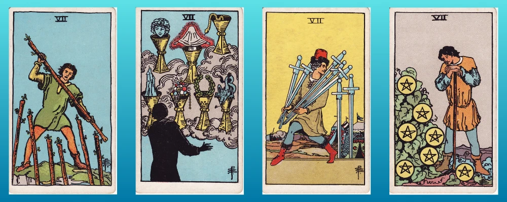 Pip Cards Sevens of Wands, Cups, Swords and Pentacles