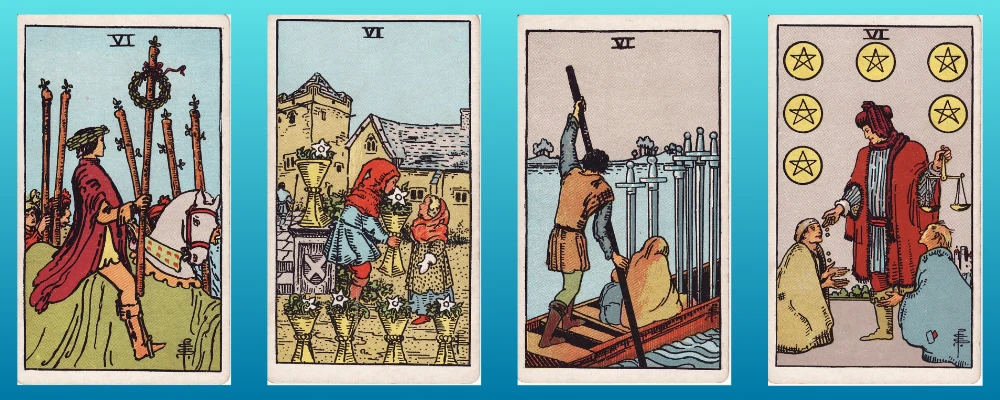 Pip Cards Sixes of Wands, Cups, Swords and Pentacles