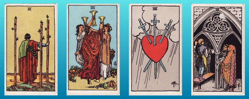 Pip cards Three of Wands, Cups, Sword and Pentacles
