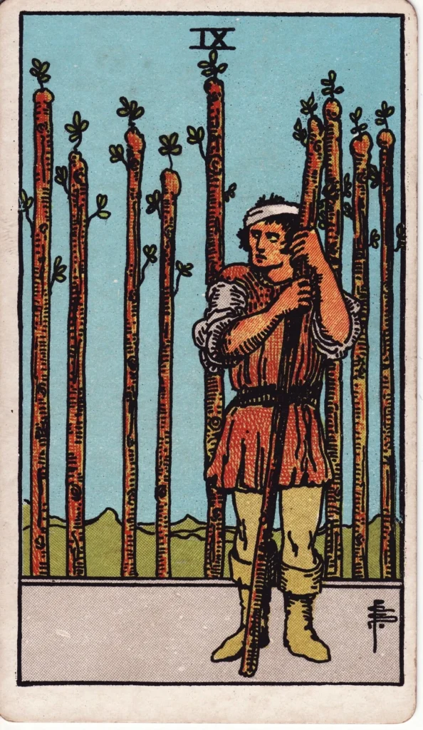 RWS 9 of Wands man looking tired and weary defending his wands