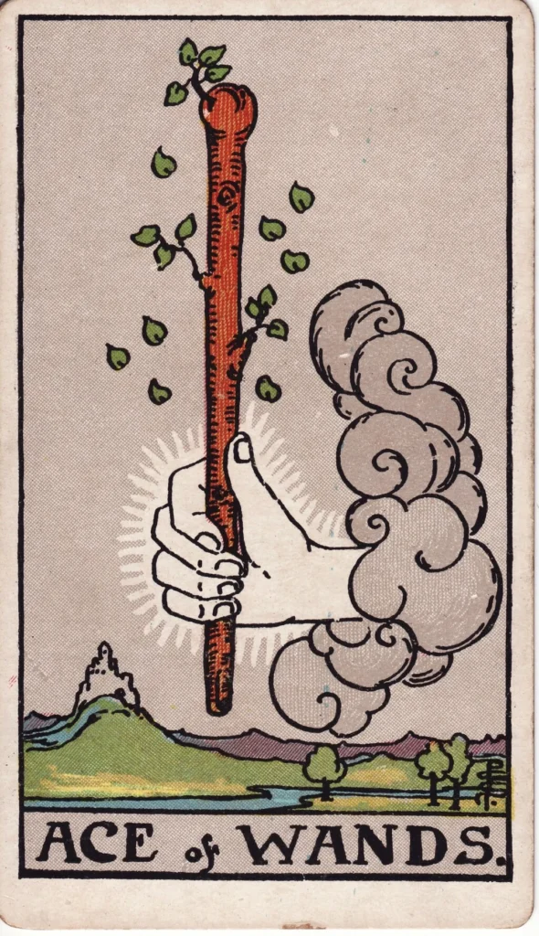 RWS Ace of Wands hand appearing from a cloud holding a large wand