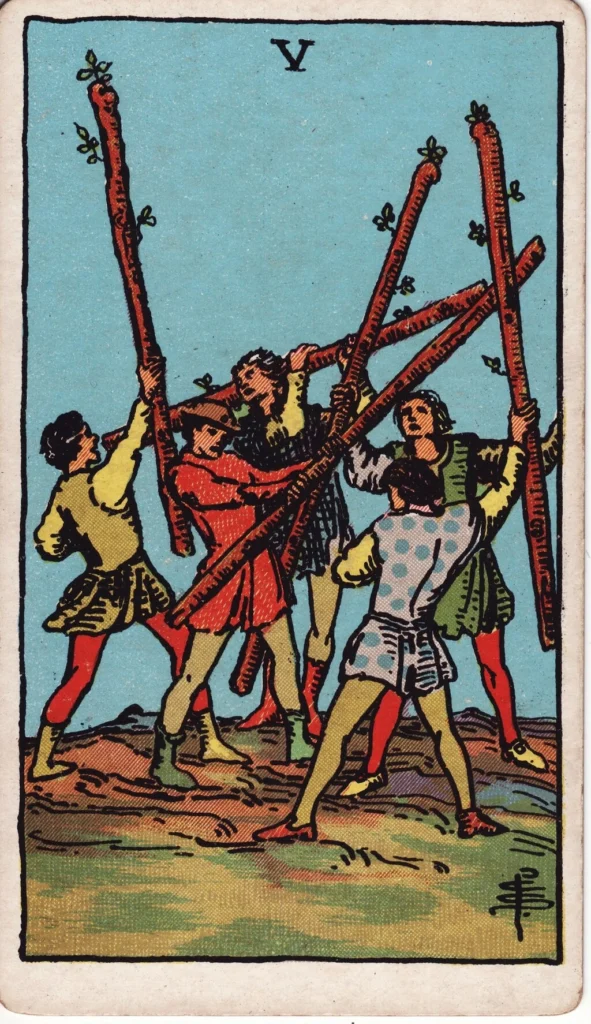 RWS 5 of Wands men fighting with their sticks