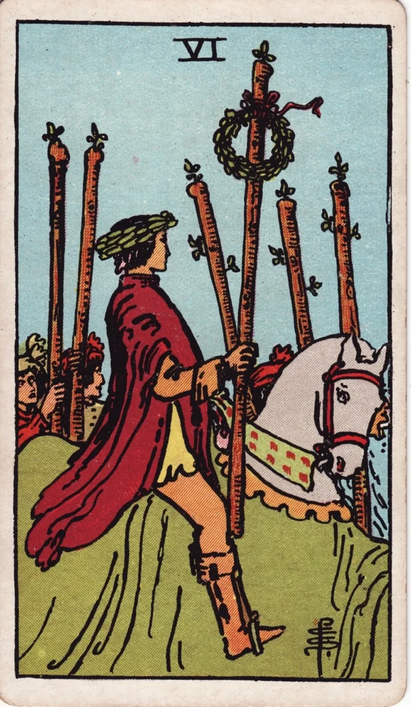 RWS 6 of Wands man riding his horse through the crowd looking proud and confident