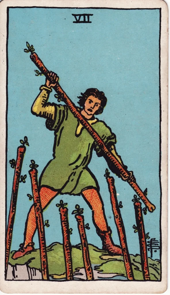 RWS 7 of Wands man defending his hill top