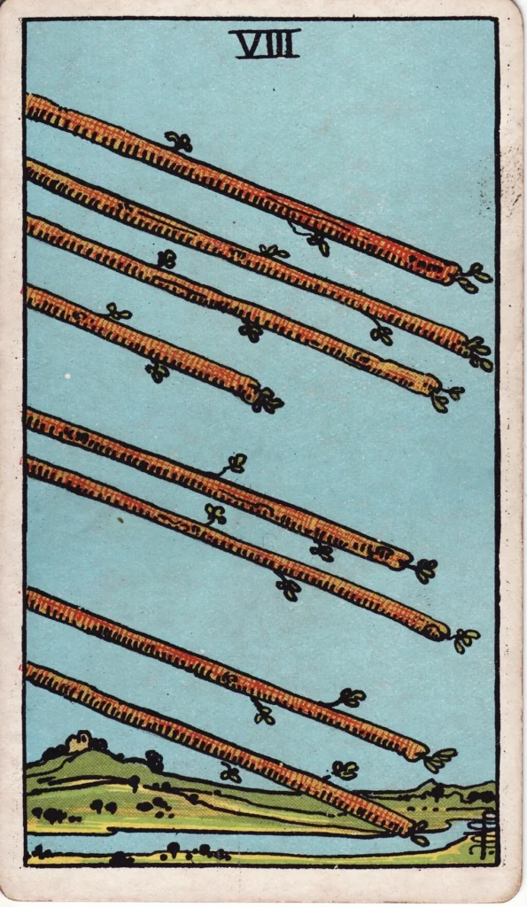 RWS 8 of Wands all flying through the air coordinated
