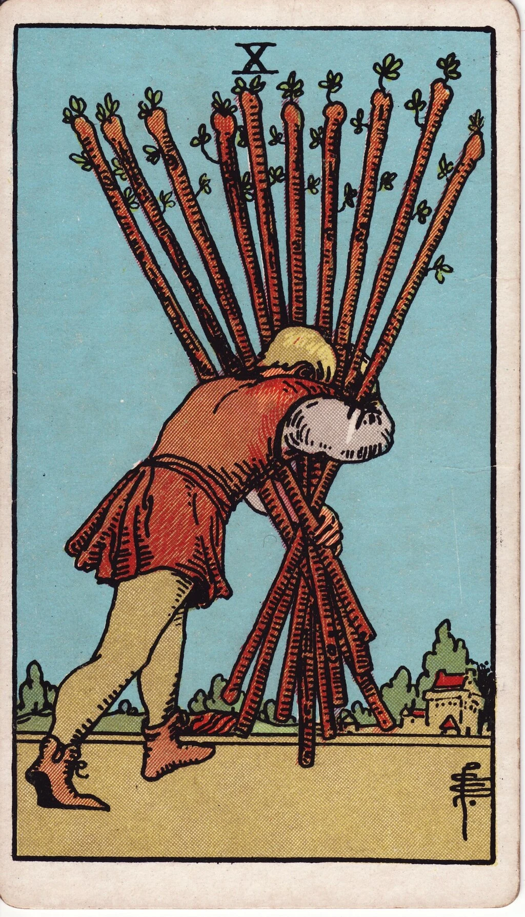 RWS 10 of Wands Card - a man carrying a heavy burden of sticks